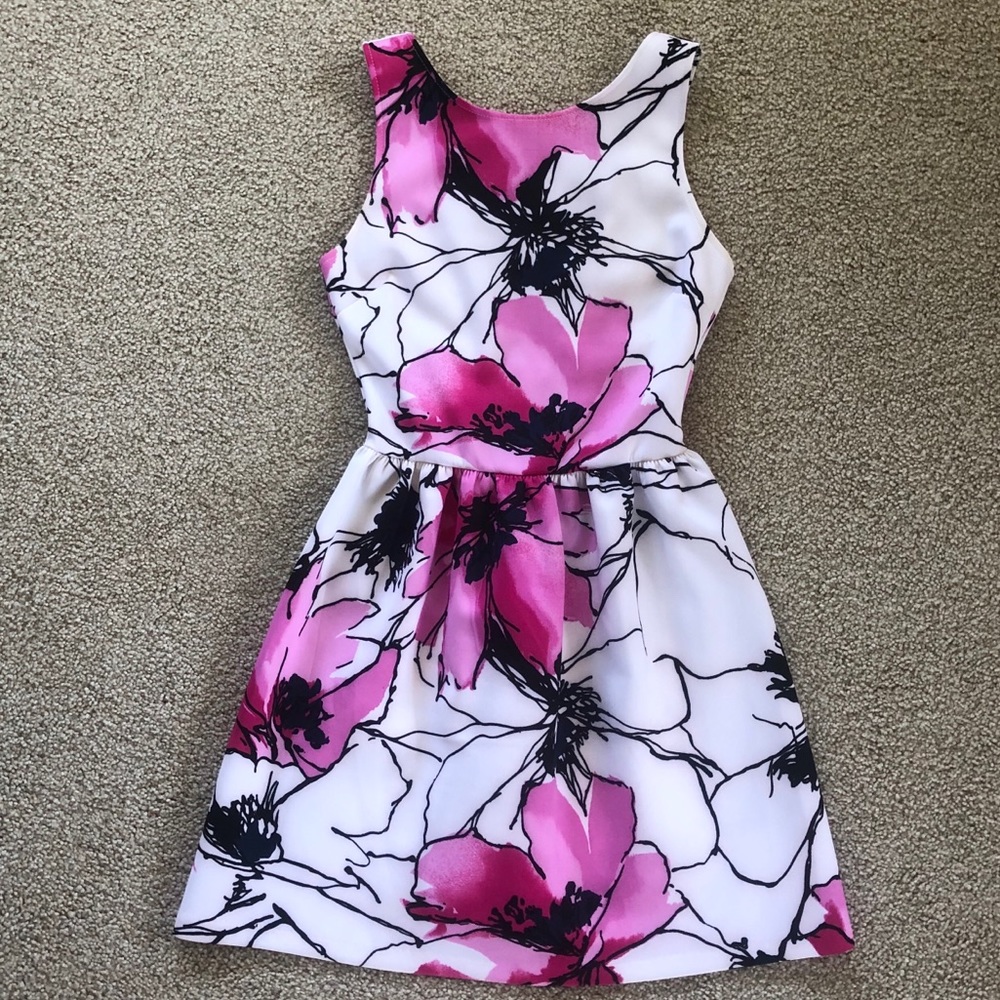 Love Ady Pink Floral Scuba A-Line Mini Dress Sz S Wedding Guest